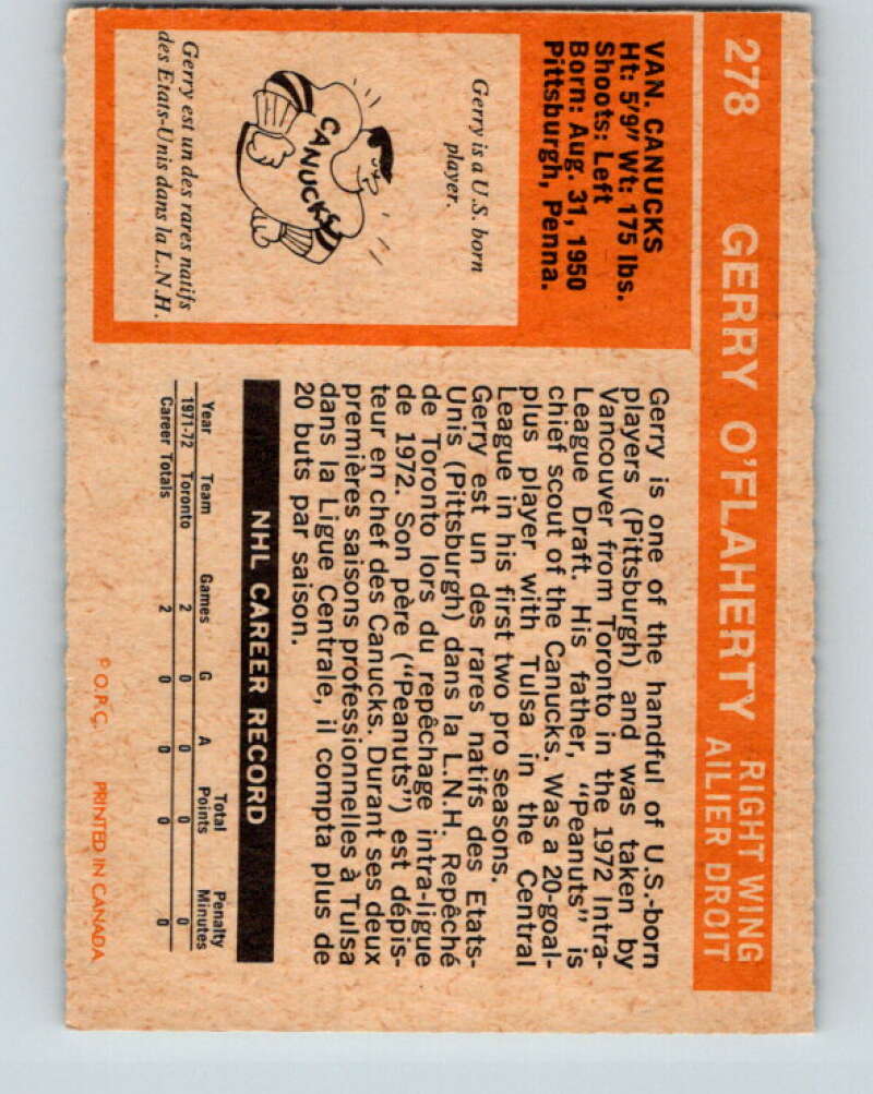 1972-73 O-Pee-Chee #278 Gerry O'Flaherty RC Rookie Vancouver Canucks V4190