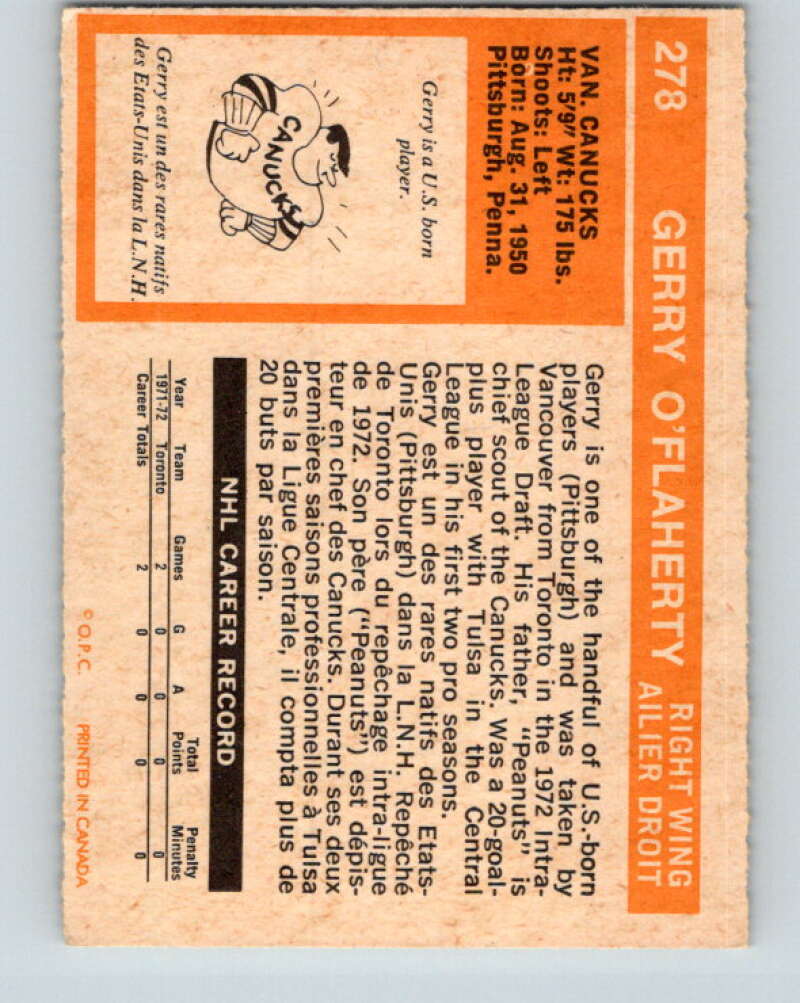 1972-73 O-Pee-Chee #278 Gerry O'Flaherty RC Rookie Vancouver Canucks V4191