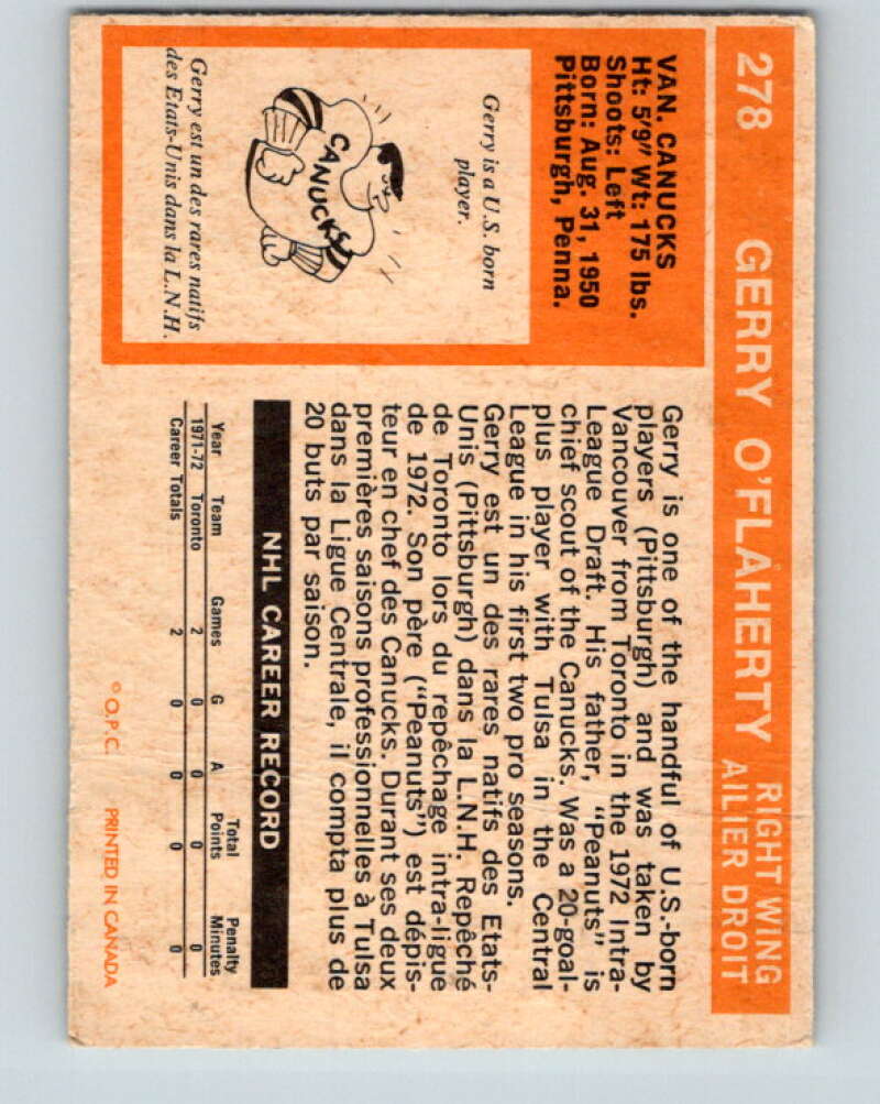 1972-73 O-Pee-Chee #278 Gerry O'Flaherty RC Rookie Vancouver Canucks V4192