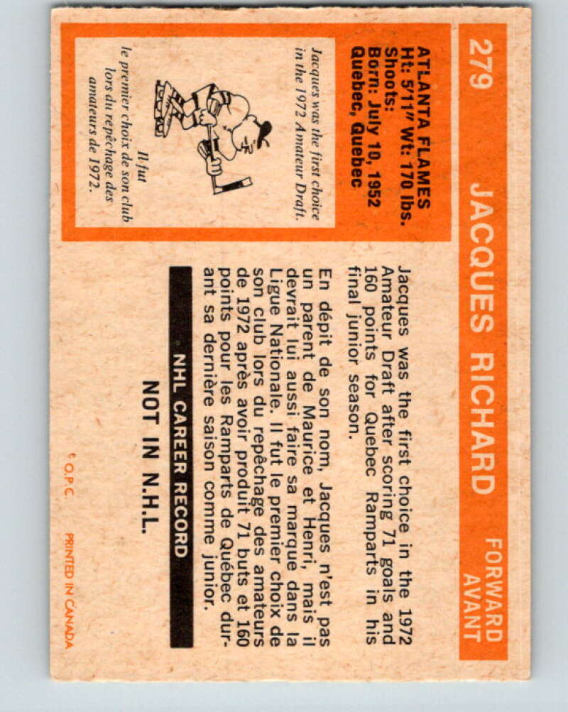 1972-73 O-Pee-Chee #279 Jacques Richard RC Rookie Atlanta Flames V4193