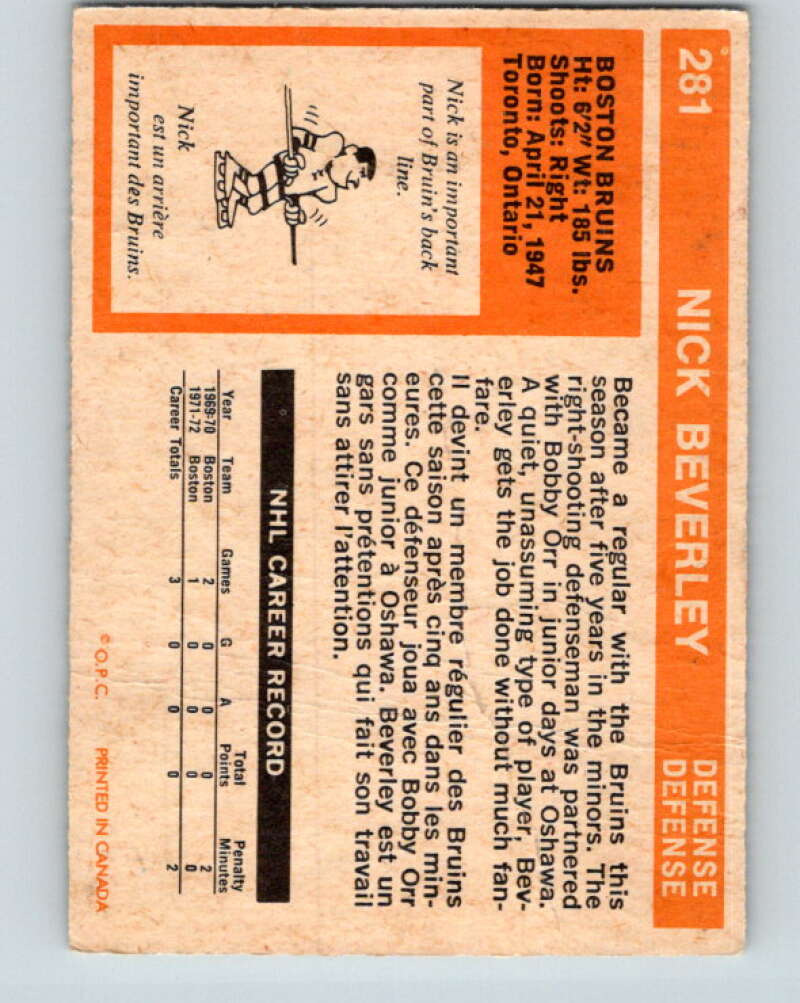 1972-73 O-Pee-Chee #281 Nick Beverley RC Rookie Boston Bruins V4194