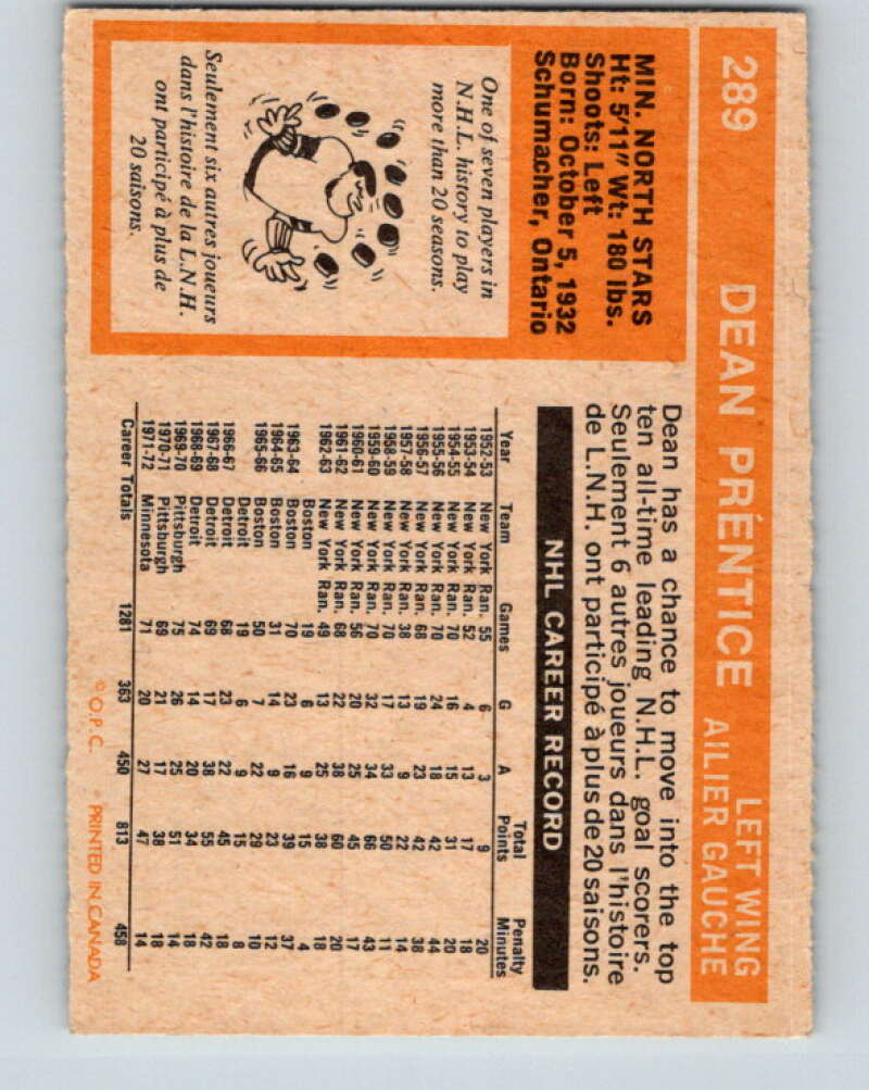 1972-73 O-Pee-Chee #289 Dean Prentice Minnesota North Stars V4198