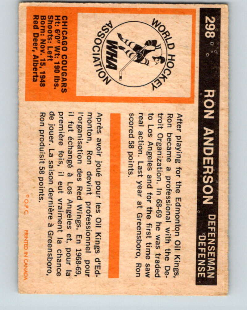 1972-73 O-Pee-Chee #298 Ron Anderson See Scans RC Rookie Chicago Cougars V4199