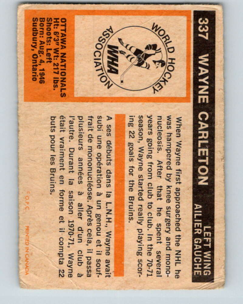 1972-73 O-Pee-Chee #337 Wayne Carleton See Scans Ottawa Nationals V4210