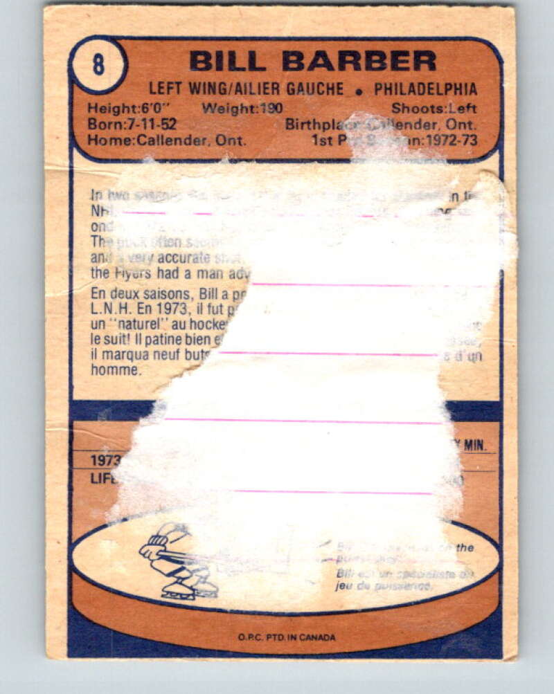 1974-75 O-Pee-Chee #8 Bill Barber Philadelphia Flyers V4230