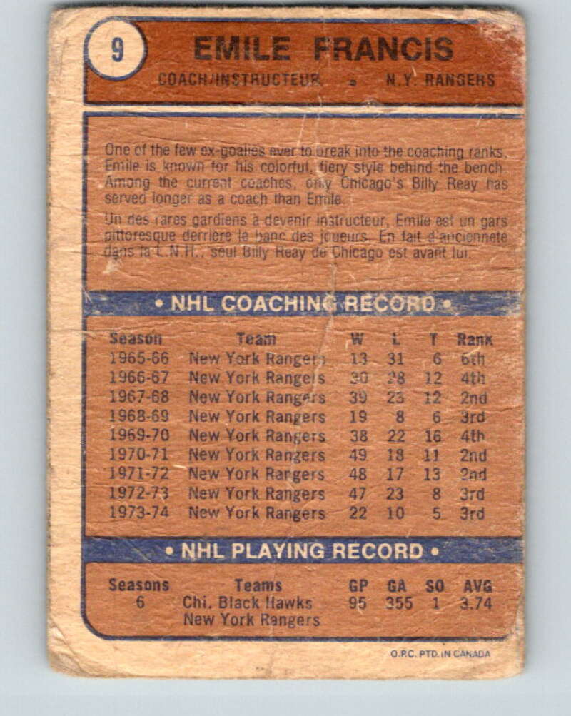 1974-75 O-Pee-Chee #9 Emile Francis CO New York Rangers V4231