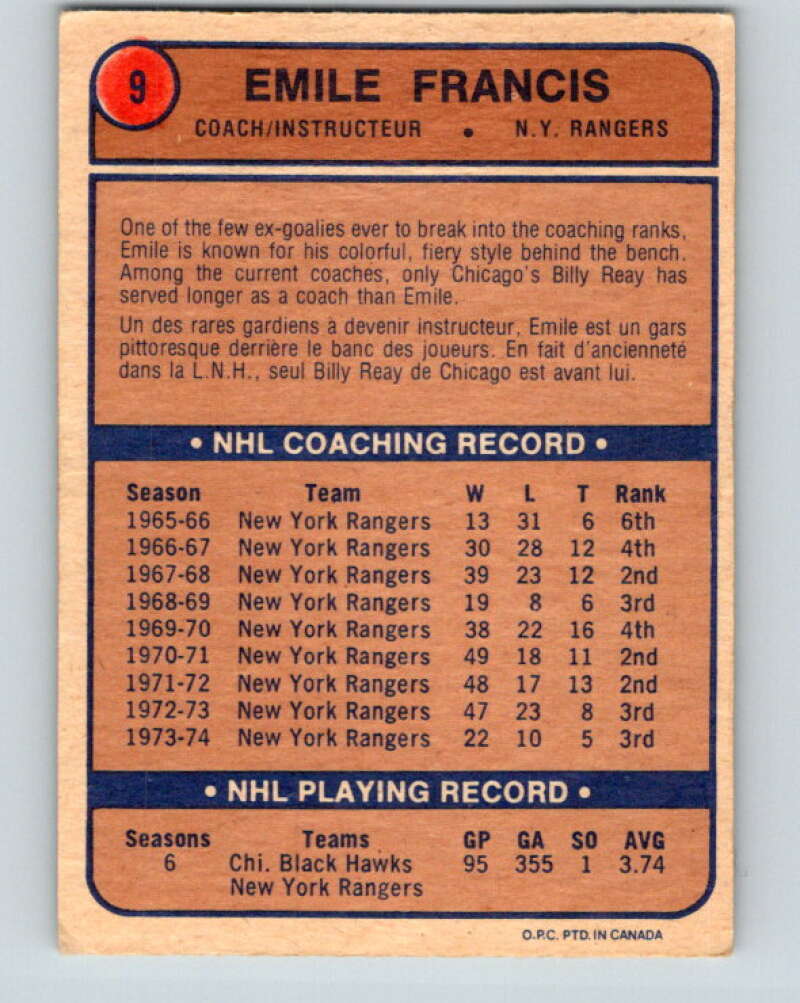 1974-75 O-Pee-Chee #9 Emile Francis CO New York Rangers V4232