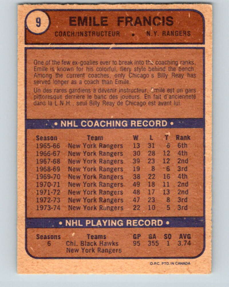 1974-75 O-Pee-Chee #9 Emile Francis CO New York Rangers V4233