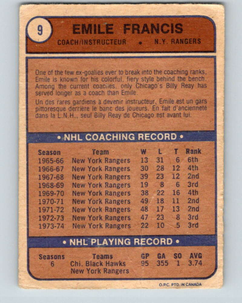 1974-75 O-Pee-Chee #9 Emile Francis CO New York Rangers V4234