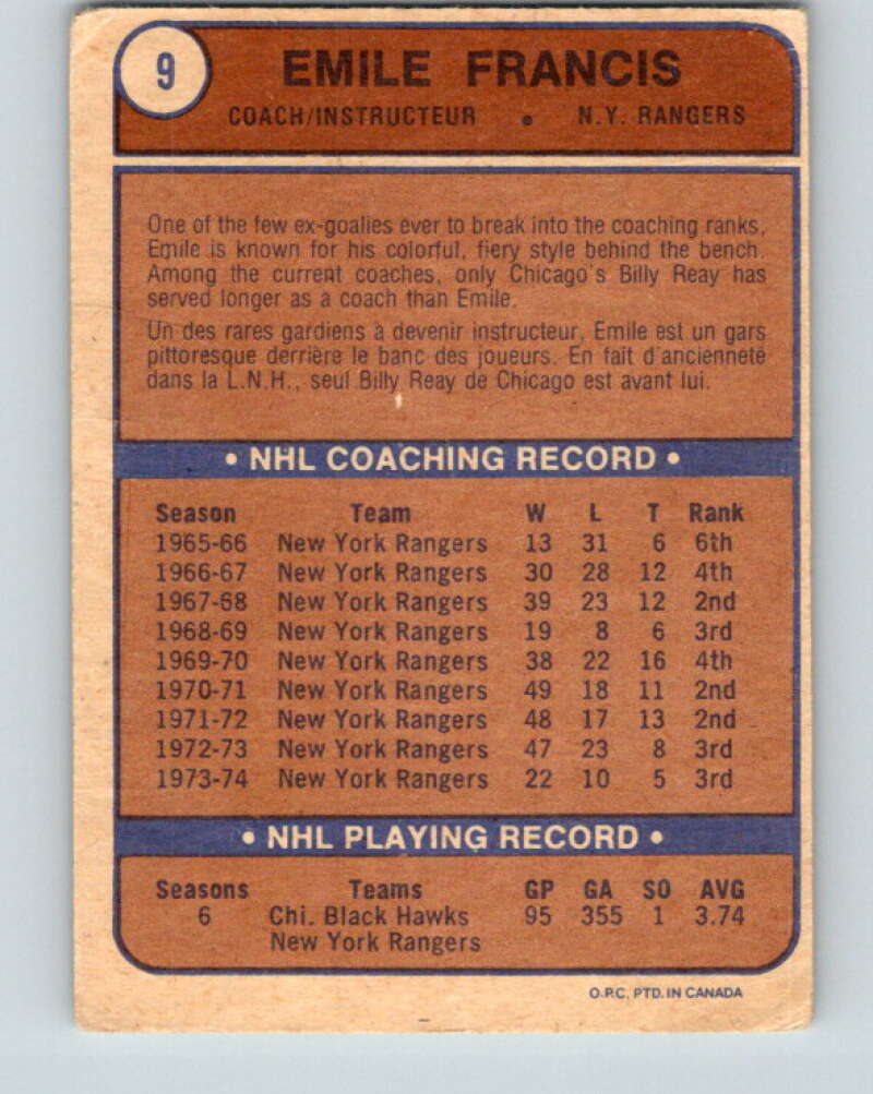 1974-75 O-Pee-Chee #9 Emile Francis CO New York Rangers V4235