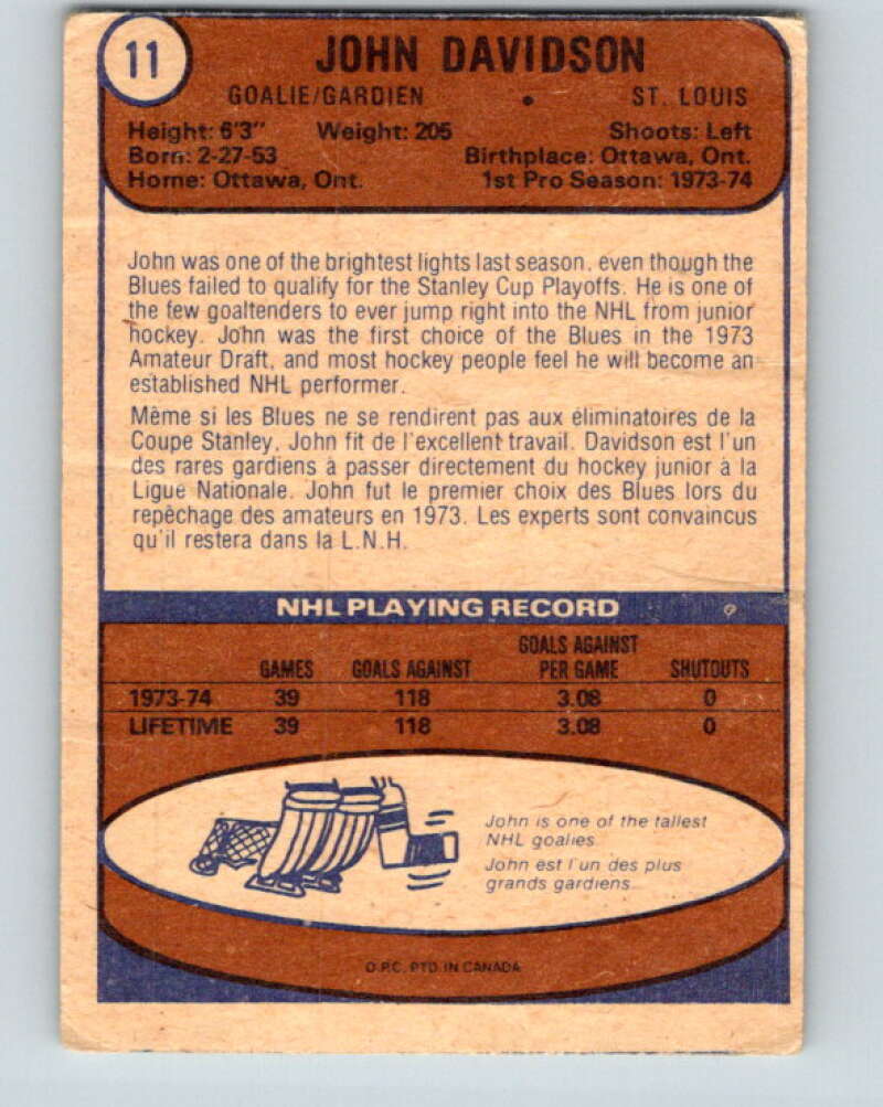1974-75 O-Pee-Chee #11 John Davidson RC Rookie St. Louis Blues V4238