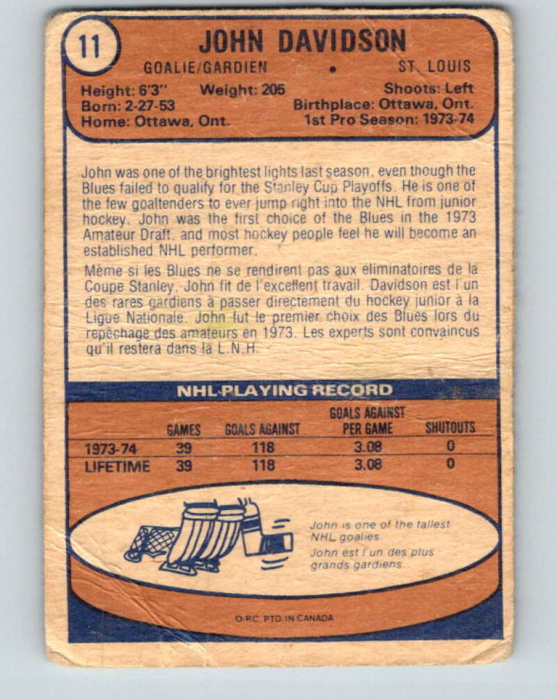 1974-75 O-Pee-Chee #11 John Davidson RC Rookie St. Louis Blues V4239