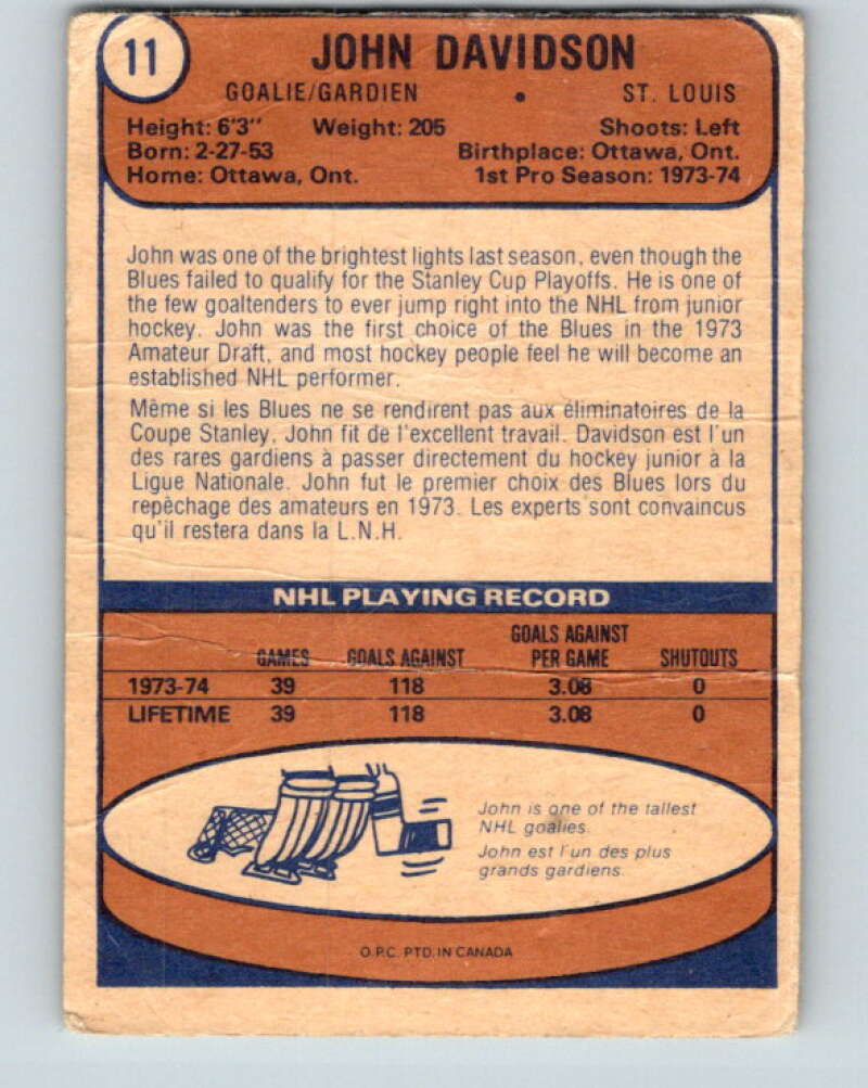 1974-75 O-Pee-Chee #11 John Davidson RC Rookie St. Louis Blues V4240