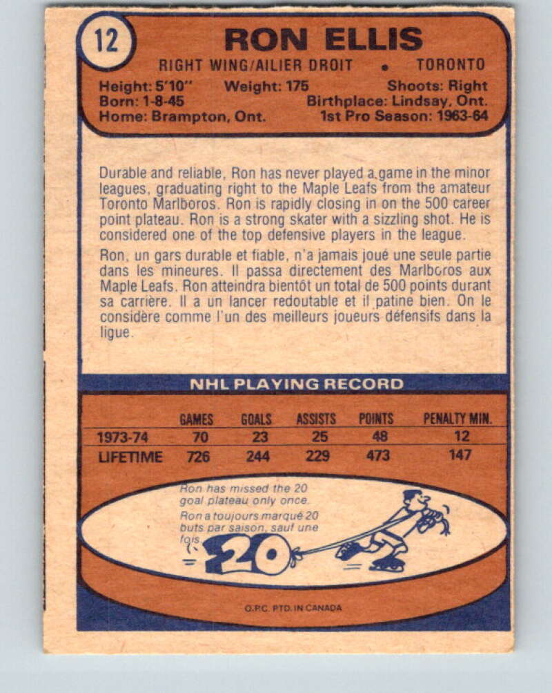 1974-75 O-Pee-Chee #12 Ron Ellis Toronto Maple Leafs V4241