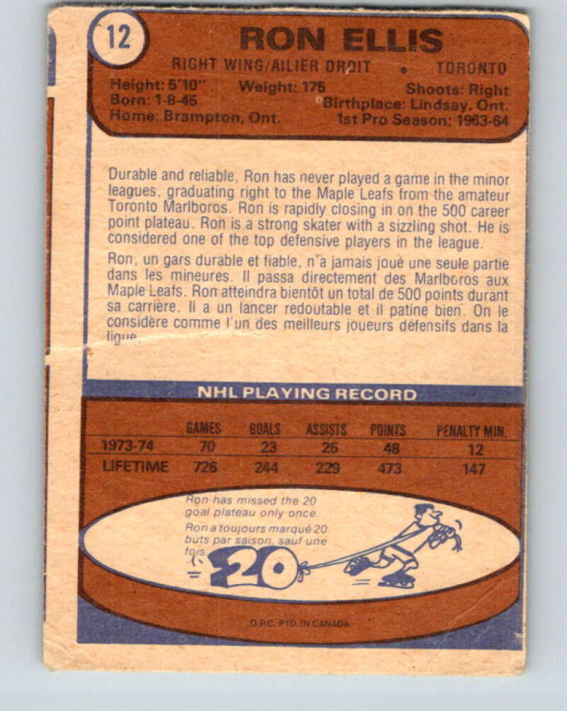 1974-75 O-Pee-Chee #12 Ron Ellis Toronto Maple Leafs V4242