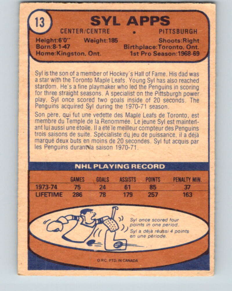 1974-75 O-Pee-Chee #13 Syl Apps Jr. Pittsburgh Penguins V4243