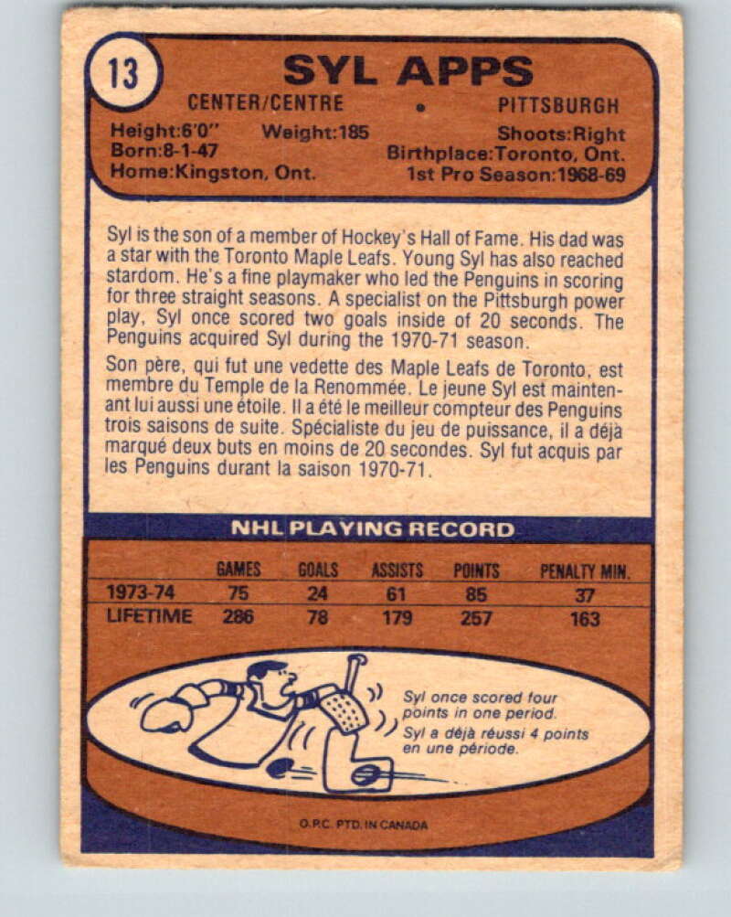 1974-75 O-Pee-Chee #13 Syl Apps Jr. Pittsburgh Penguins V4244