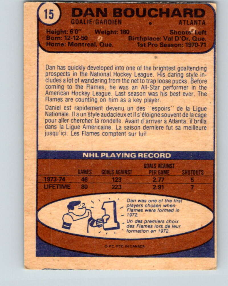 1974-75 O-Pee-Chee #15 Dan Bouchard Atlanta Flames V4247