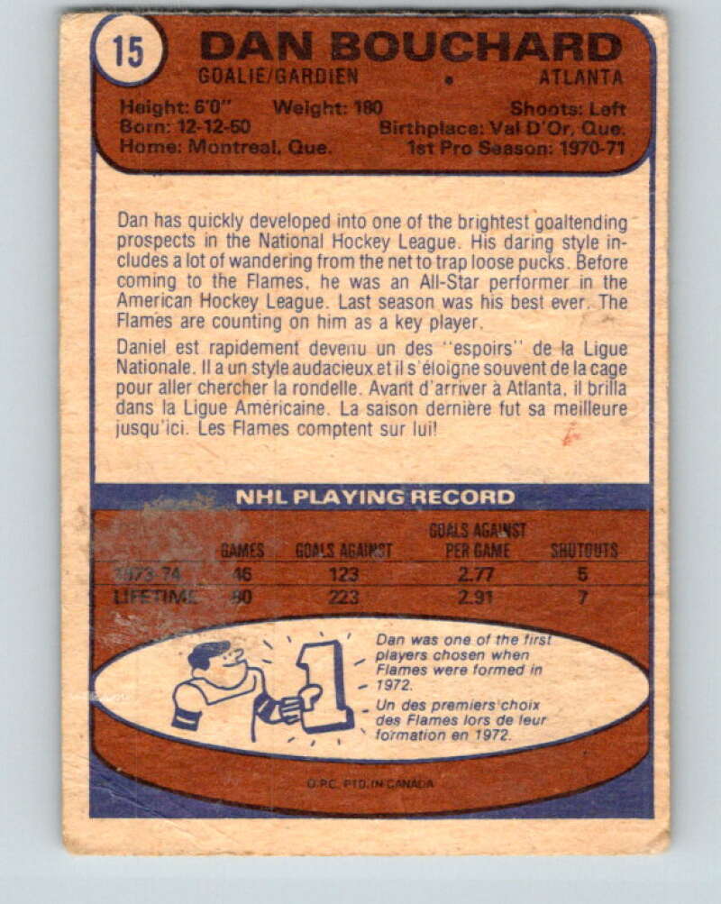 1974-75 O-Pee-Chee #15 Dan Bouchard Atlanta Flames V4248