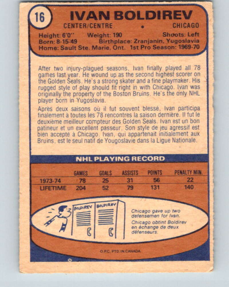 1974-75 O-Pee-Chee #16 Ivan Boldirev Chicago Blackhawks V4249