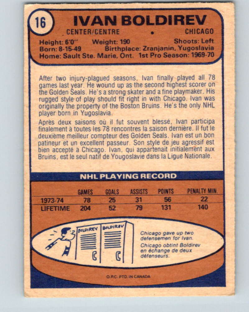 1974-75 O-Pee-Chee #16 Ivan Boldirev Chicago Blackhawks V4250