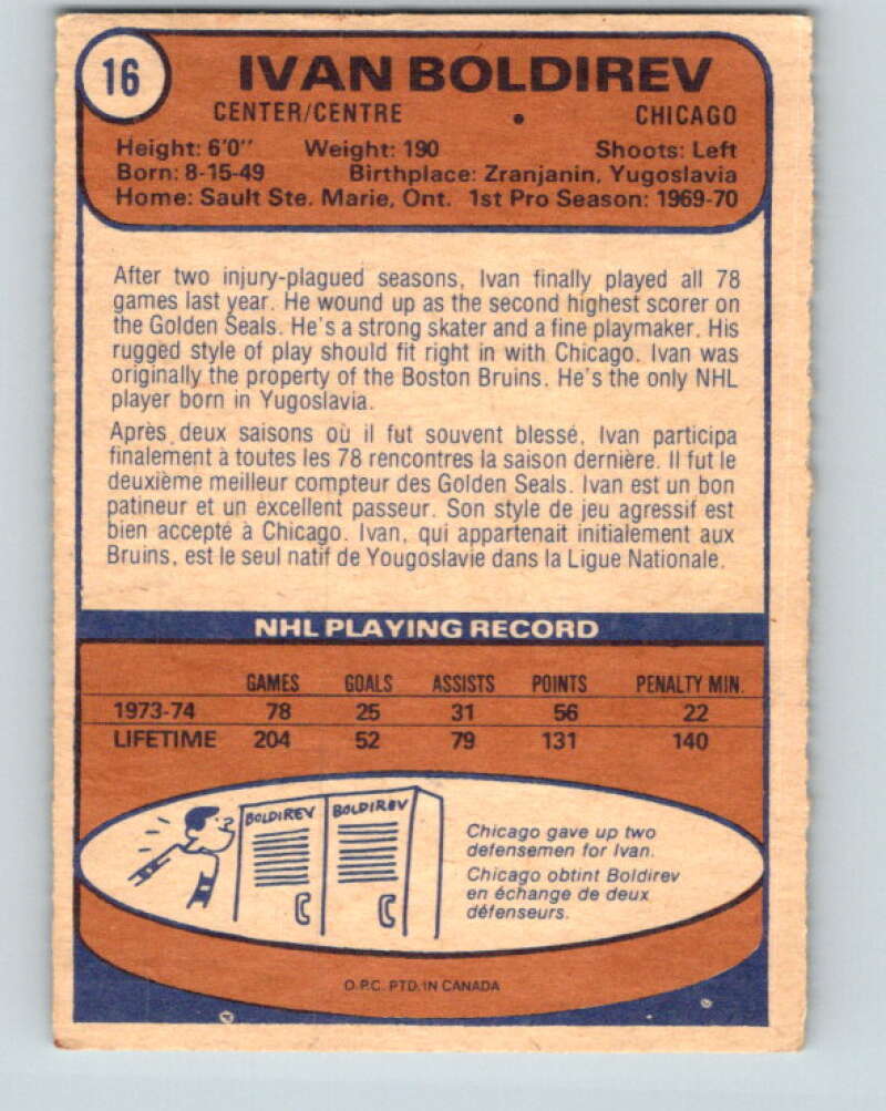 1974-75 O-Pee-Chee #16 Ivan Boldirev Chicago Blackhawks V4251