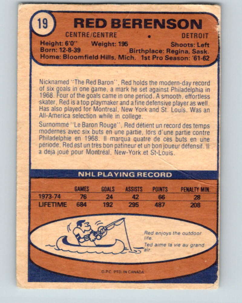 1974-75 O-Pee-Chee #19 Red Berenson Detroit Red Wings V4259