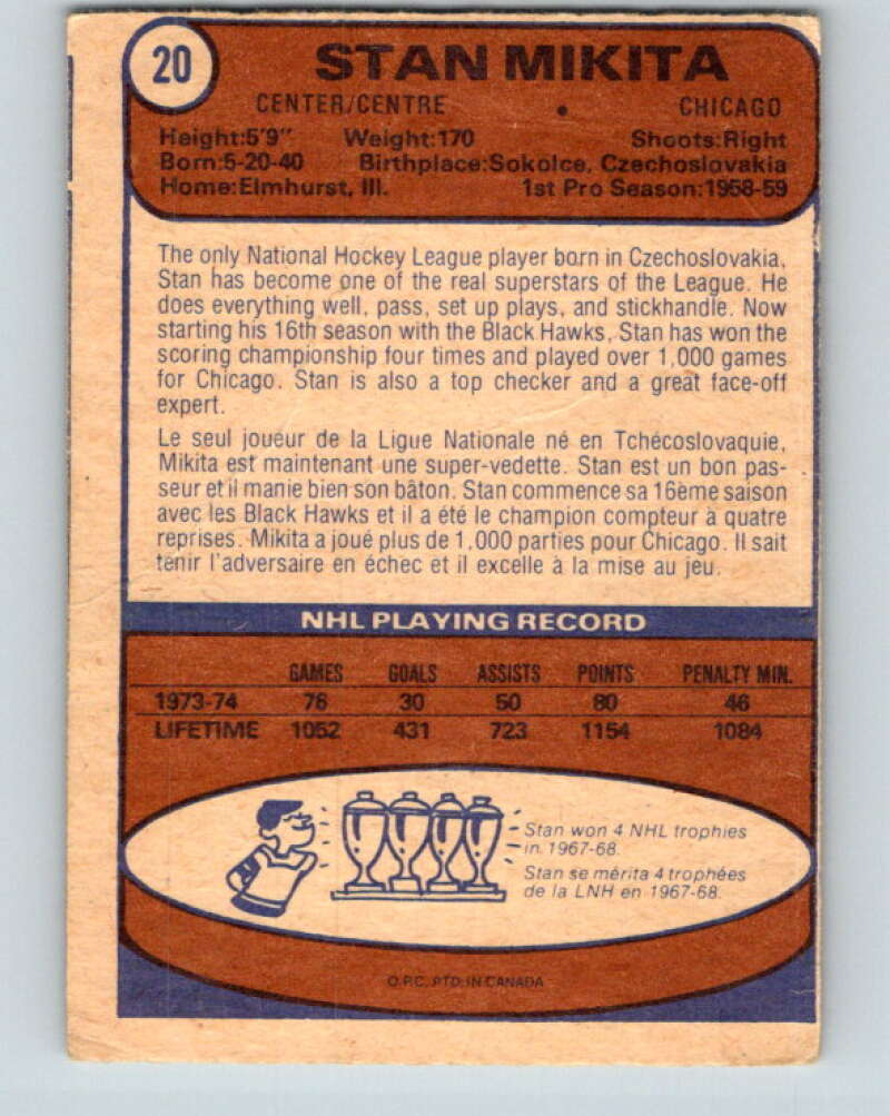 1974-75 O-Pee-Chee #20 Stan Mikita Chicago Blackhawks V4261