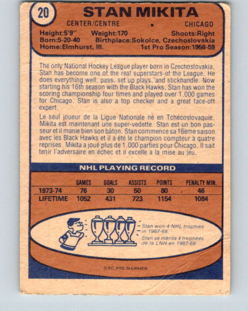 1974-75 O-Pee-Chee #20 Stan Mikita Chicago Blackhawks V4262