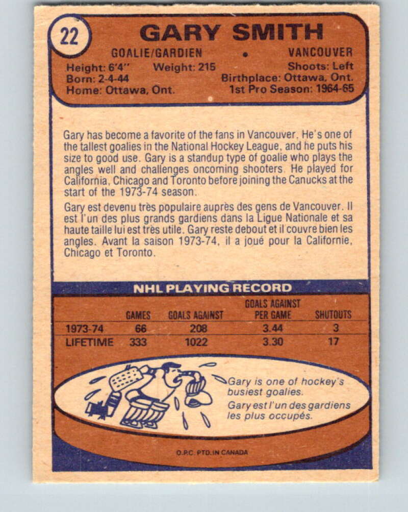 1974-75 O-Pee-Chee #22 Gary Smith Vancouver Canucks V4265