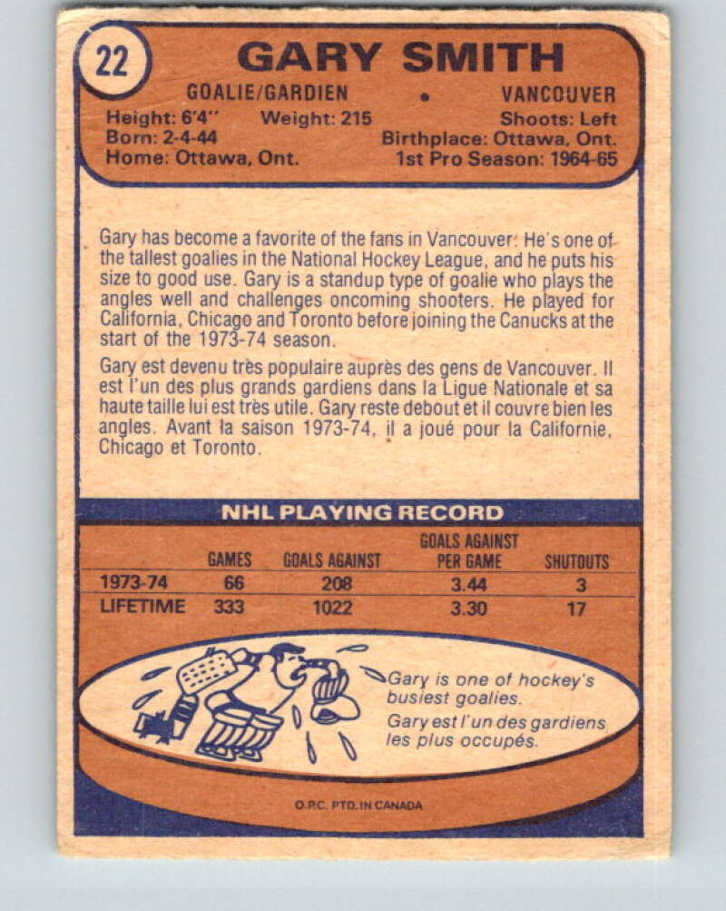 1974-75 O-Pee-Chee #22 Gary Smith Vancouver Canucks V4266