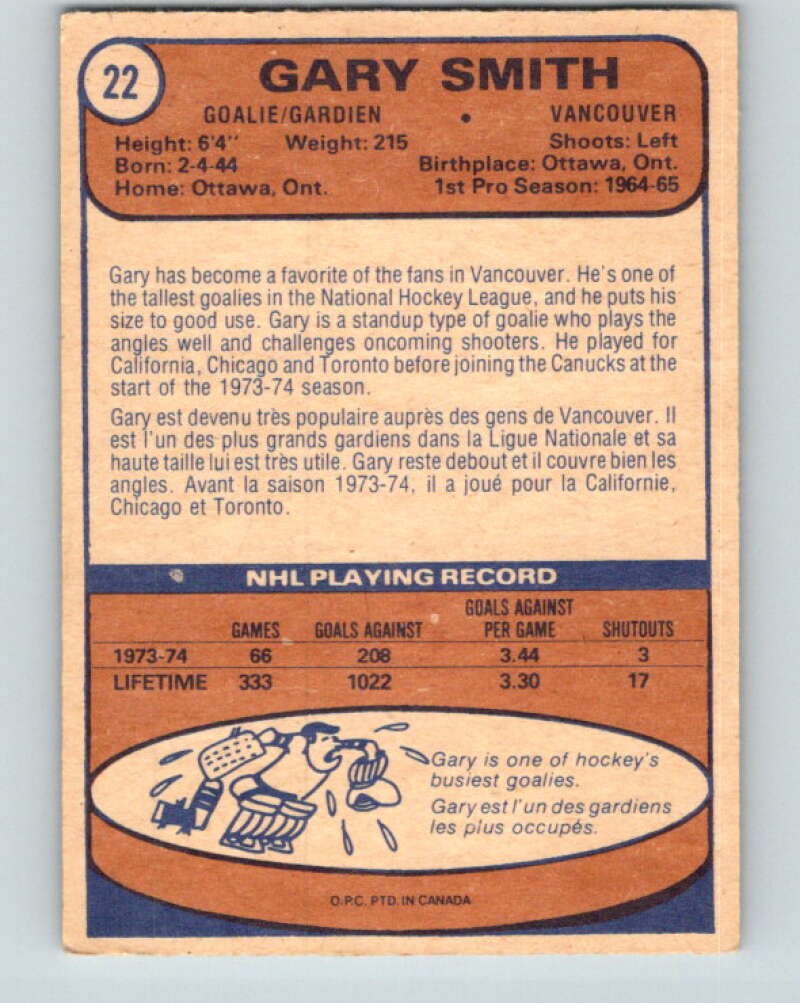 1974-75 O-Pee-Chee #22 Gary Smith Vancouver Canucks V4267