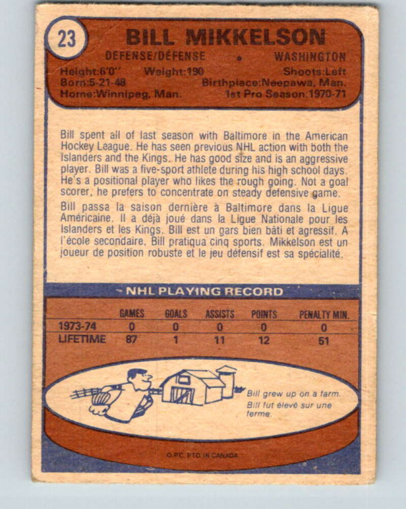 1974-75 O-Pee-Chee #23 Bill Mikkelson Washington Capitals V4268