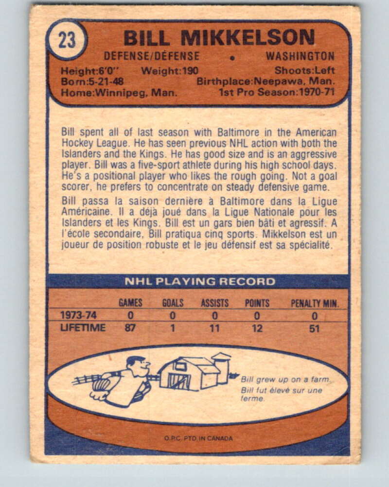 1974-75 O-Pee-Chee #23 Bill Mikkelson Washington Capitals V4269