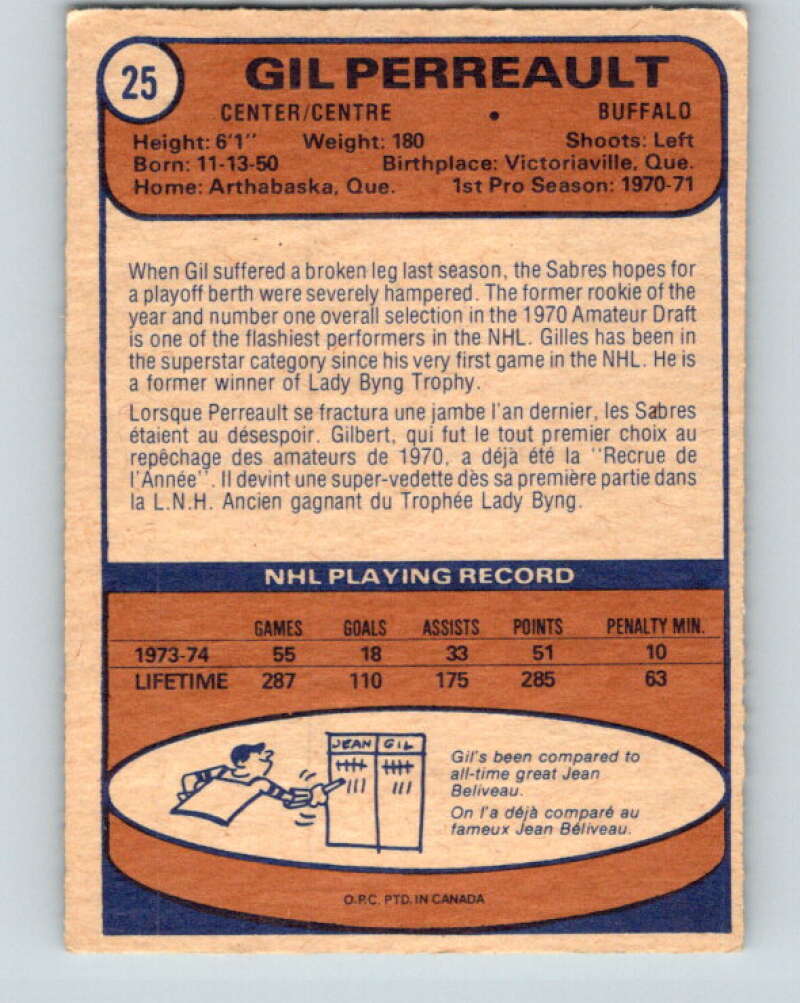 1974-75 O-Pee-Chee #25 Gilbert Perreault Buffalo Sabres V4271