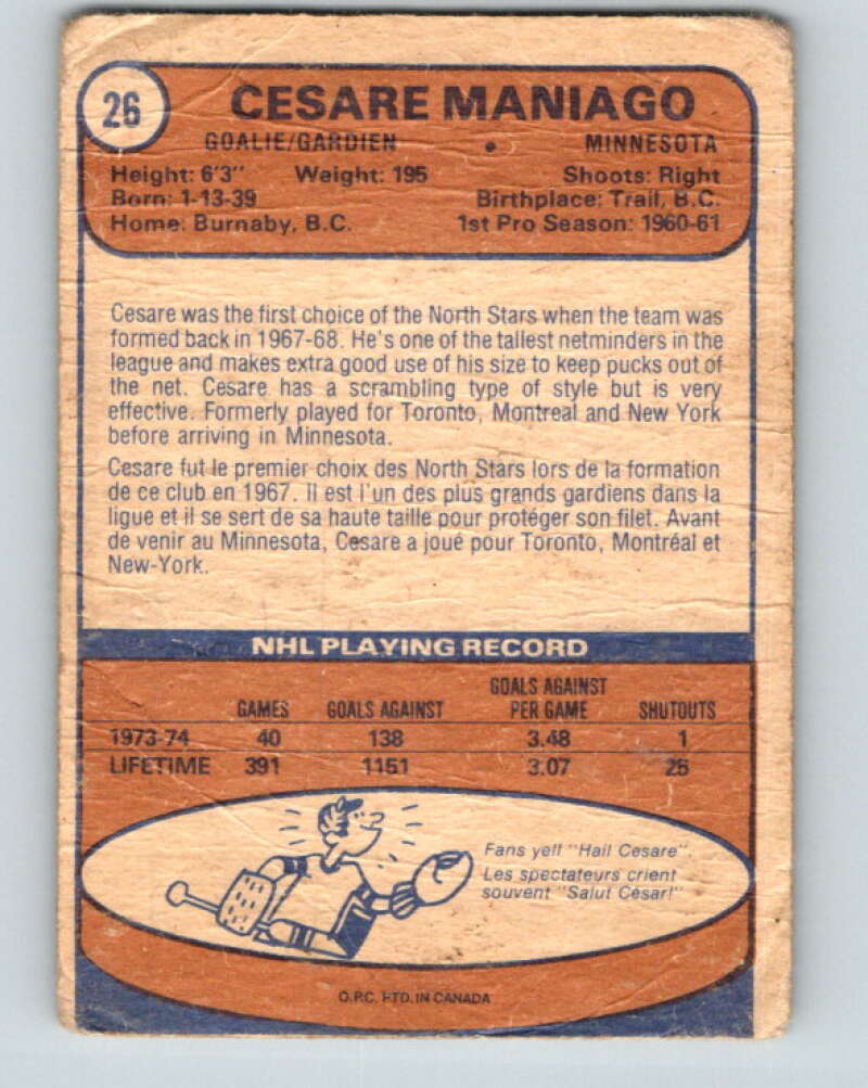 1974-75 O-Pee-Chee #26 Cesare Maniago Minnesota North Stars V4273