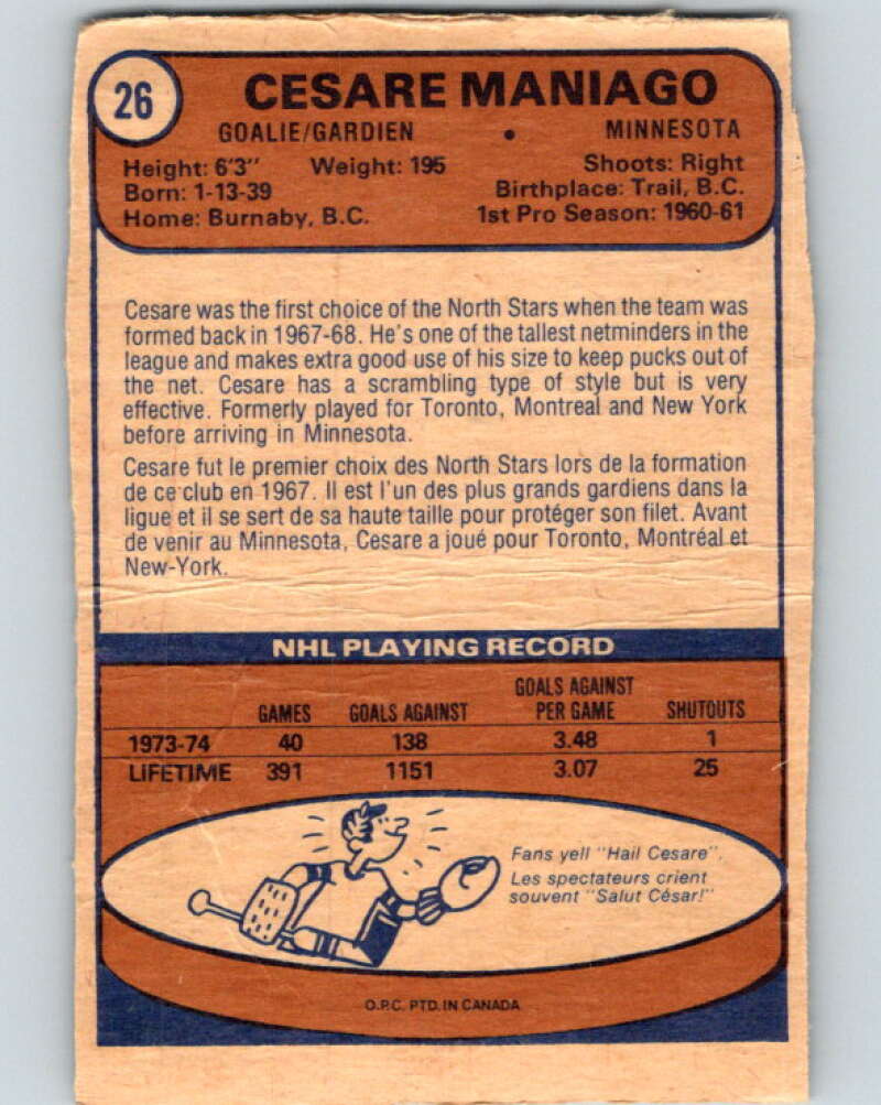 1974-75 O-Pee-Chee #26 Cesare Maniago Minnesota North Stars V4275