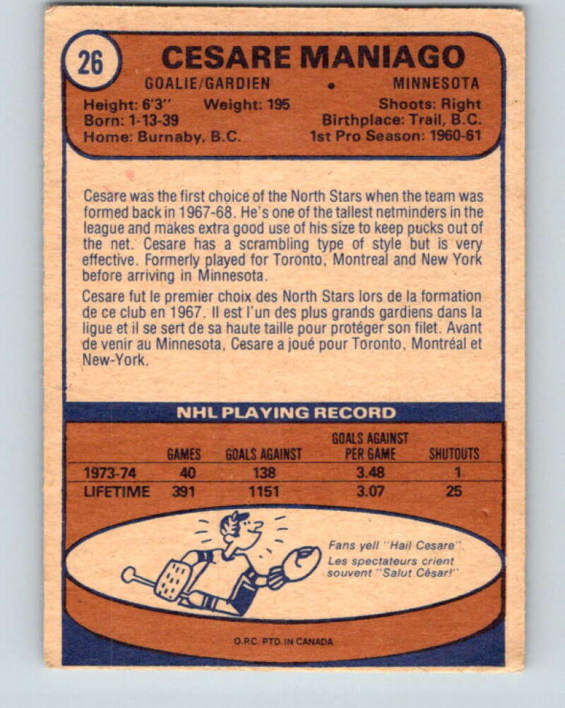 1974-75 O-Pee-Chee #26 Cesare Maniago Minnesota North Stars V4276