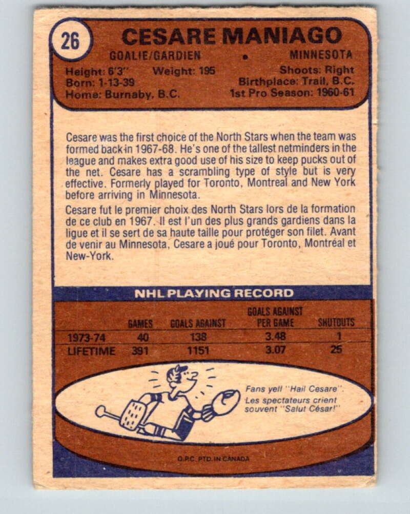 1974-75 O-Pee-Chee #26 Cesare Maniago Minnesota North Stars V4277