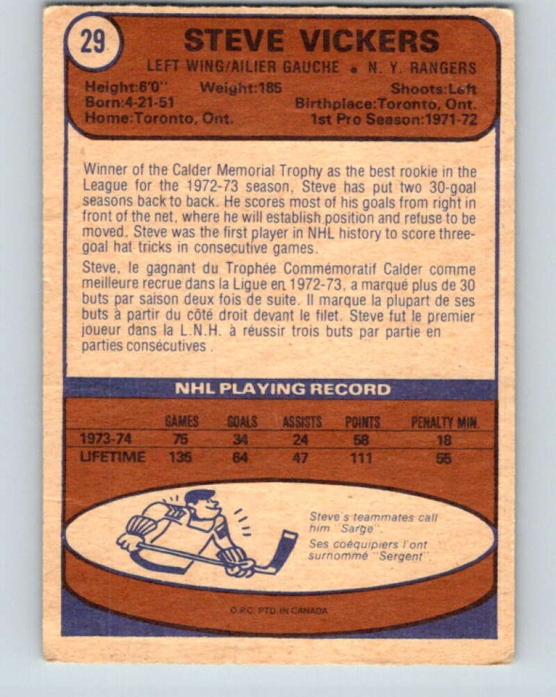 1974-75 O-Pee-Chee #29 Steve Vickers New York Rangers V4281