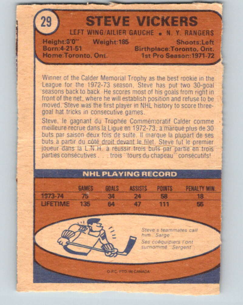 1974-75 O-Pee-Chee #29 Steve Vickers New York Rangers V4282