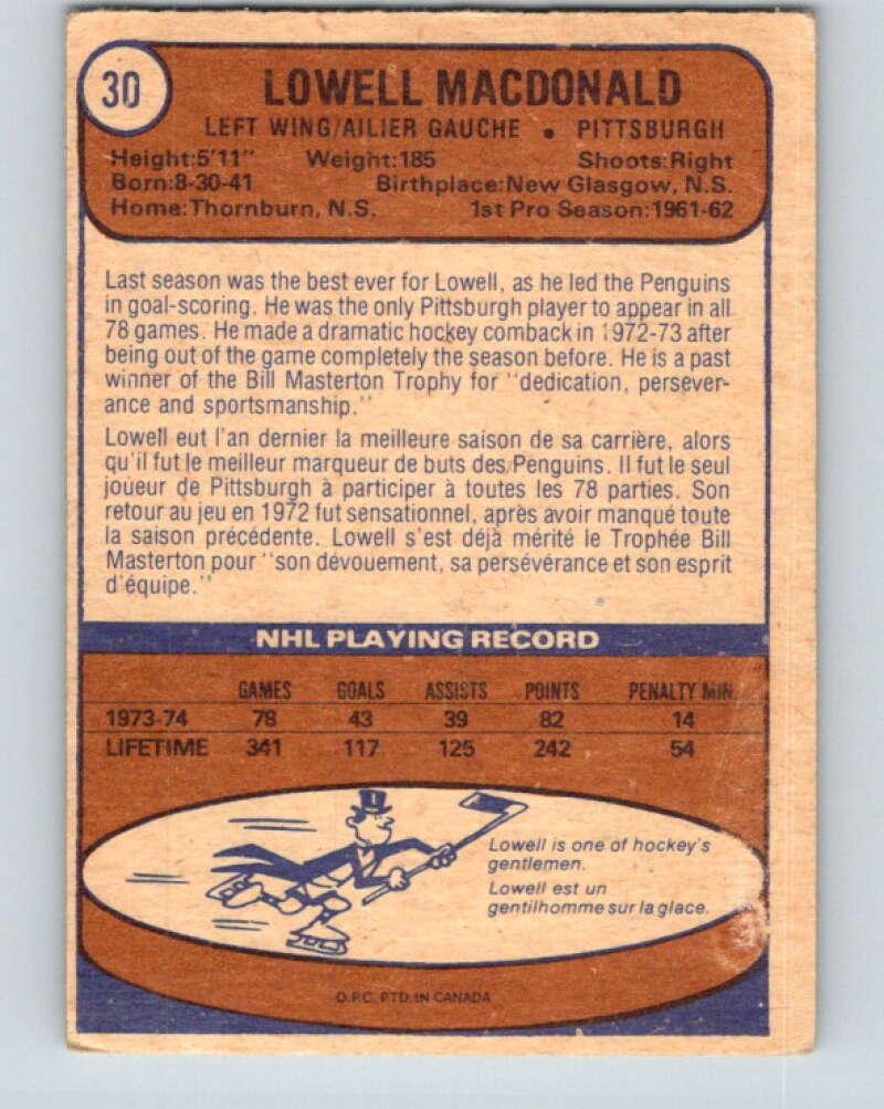 1974-75 O-Pee-Chee #30 Lowell MacDonald UER Pittsburgh Penguins V4283