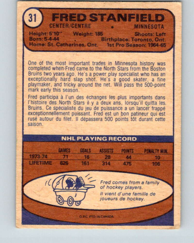 1974-75 O-Pee-Chee #31 Fred Stanfield Minnesota North Stars V4284