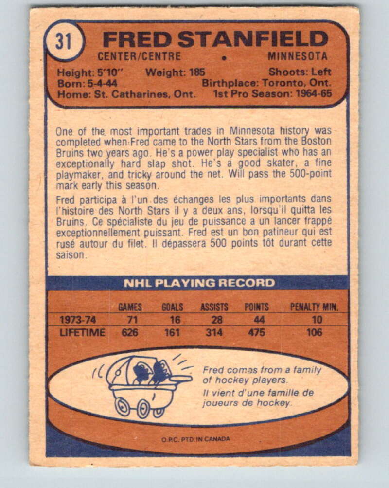 1974-75 O-Pee-Chee #31 Fred Stanfield Minnesota North Stars V4285