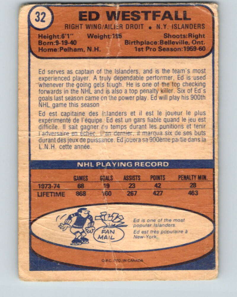 1974-75 O-Pee-Chee #32 Ed Westfall New York Islanders V4286