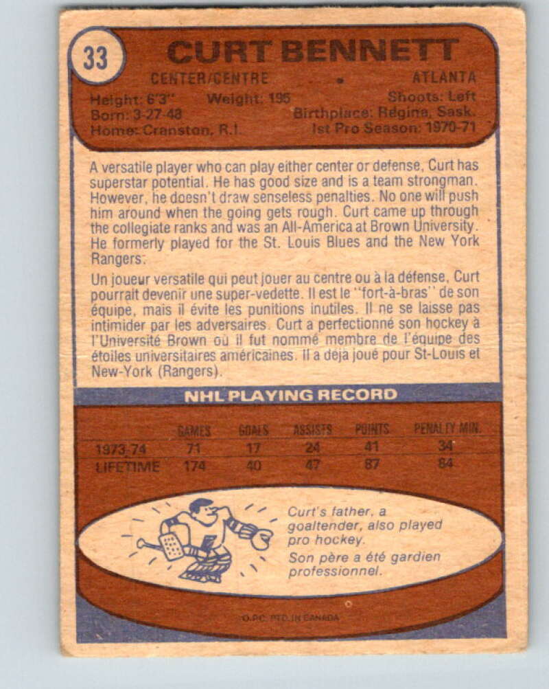 1974-75 O-Pee-Chee #33 Curt Bennett Atlanta Flames V4287