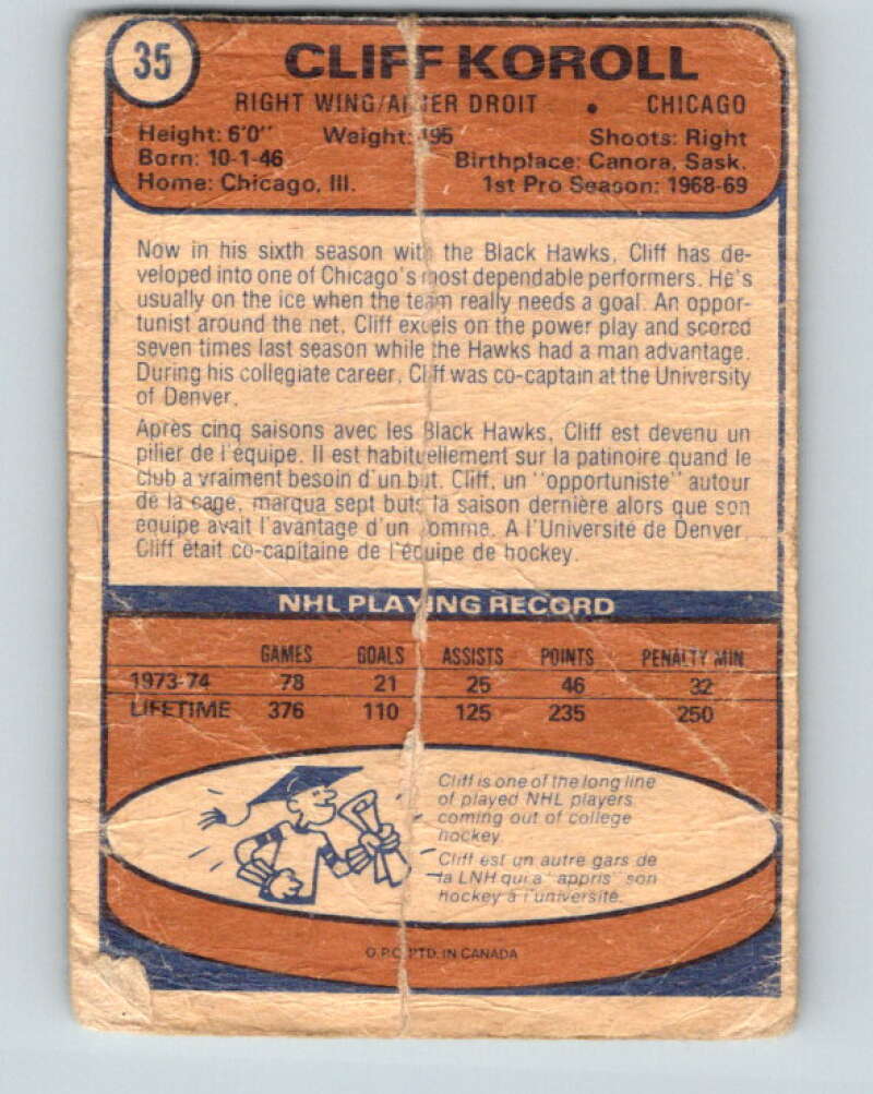 1974-75 O-Pee-Chee #35 Cliff Koroll Chicago Blackhawks V4295