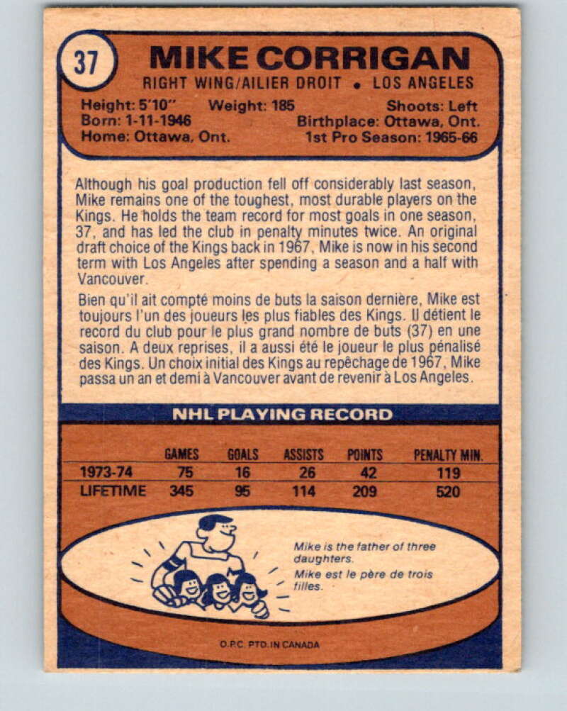 1974-75 O-Pee-Chee #37 Mike Corrigan Los Angeles Kings V4298