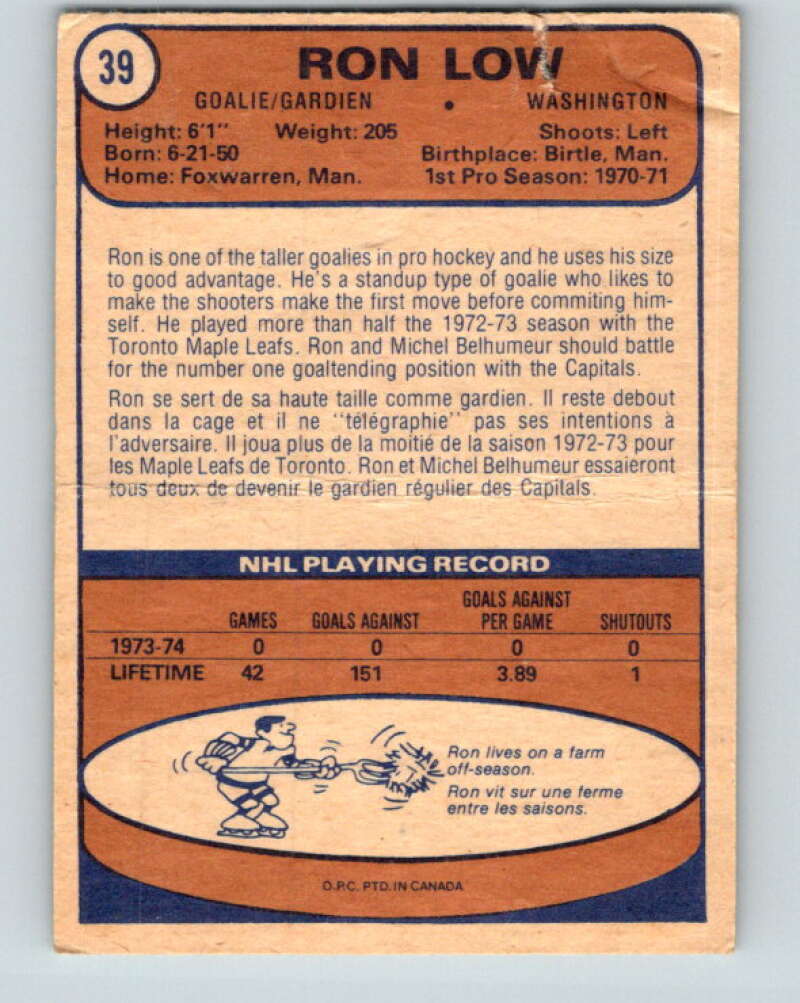1974-75 O-Pee-Chee #39 Ron Low Washington Capitals V4301