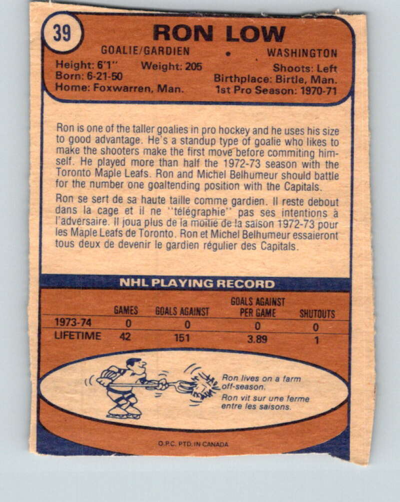 1974-75 O-Pee-Chee #39 Ron Low Washington Capitals V4302